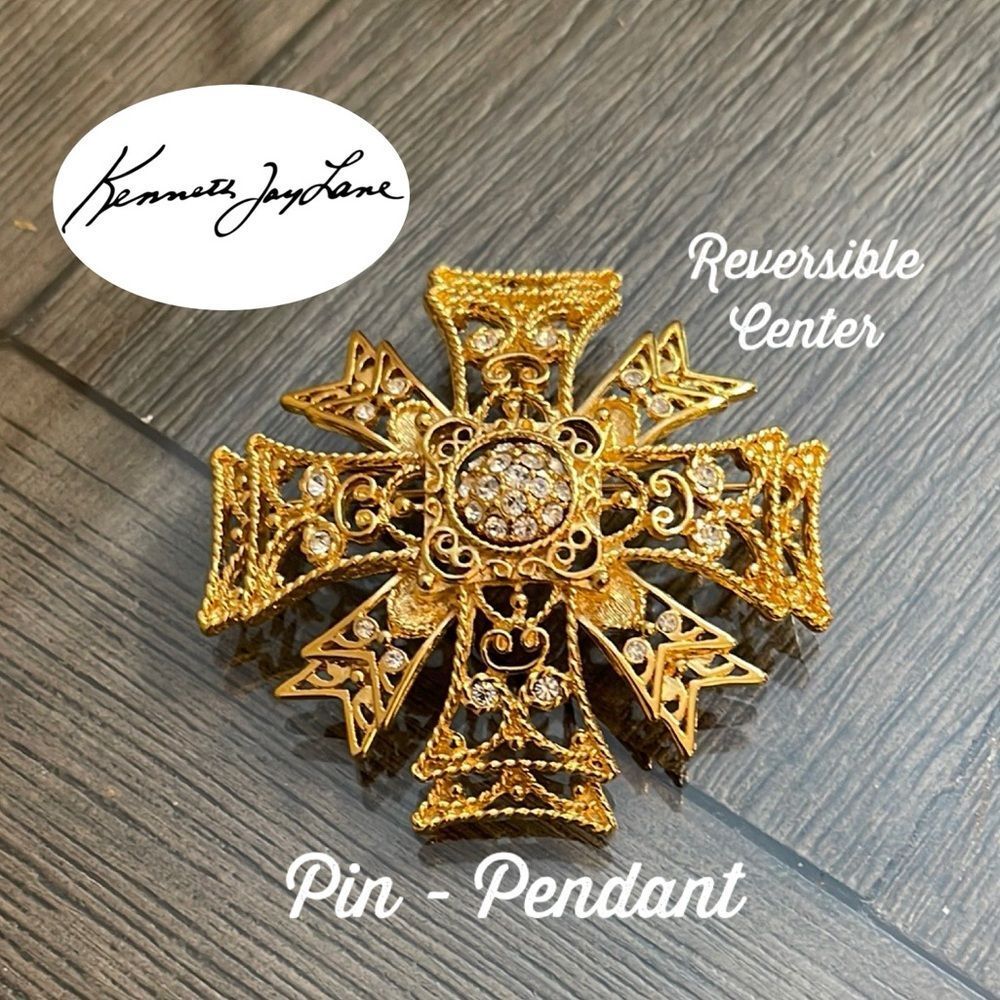 Kenneth Jay Lane Maltese Filigree & Rhinestone Cross Brooch - Pendant, Gold-tone